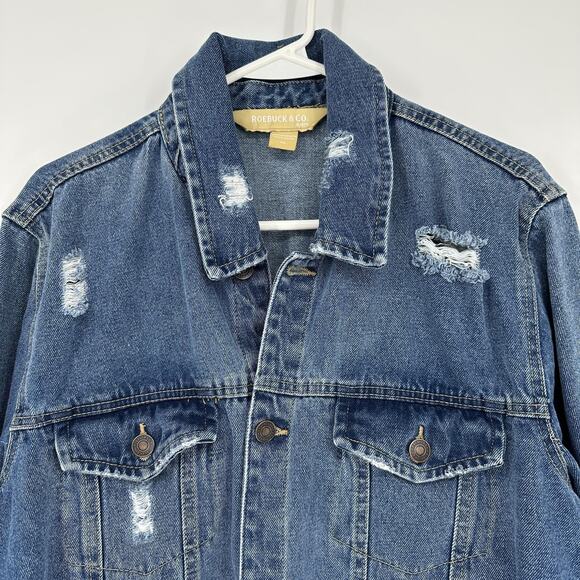 Roebuck & Co Jacket Mens XL Distressed Denim Jean Trucker Button Up Vintage y2K - Picture 2 of 12